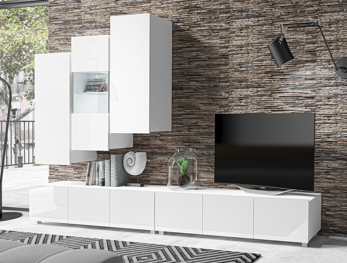 AX LIVING Anbauwand Wohnzimmer Kossana 11 – 300 cm Breite, Design Weiß Bild 1