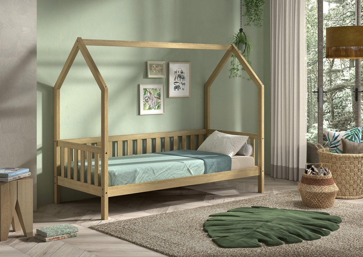 CABANE Hausbett 90x200 cm und seitlicher Umrandung, Eiche massiv Eiche natur Bild 1