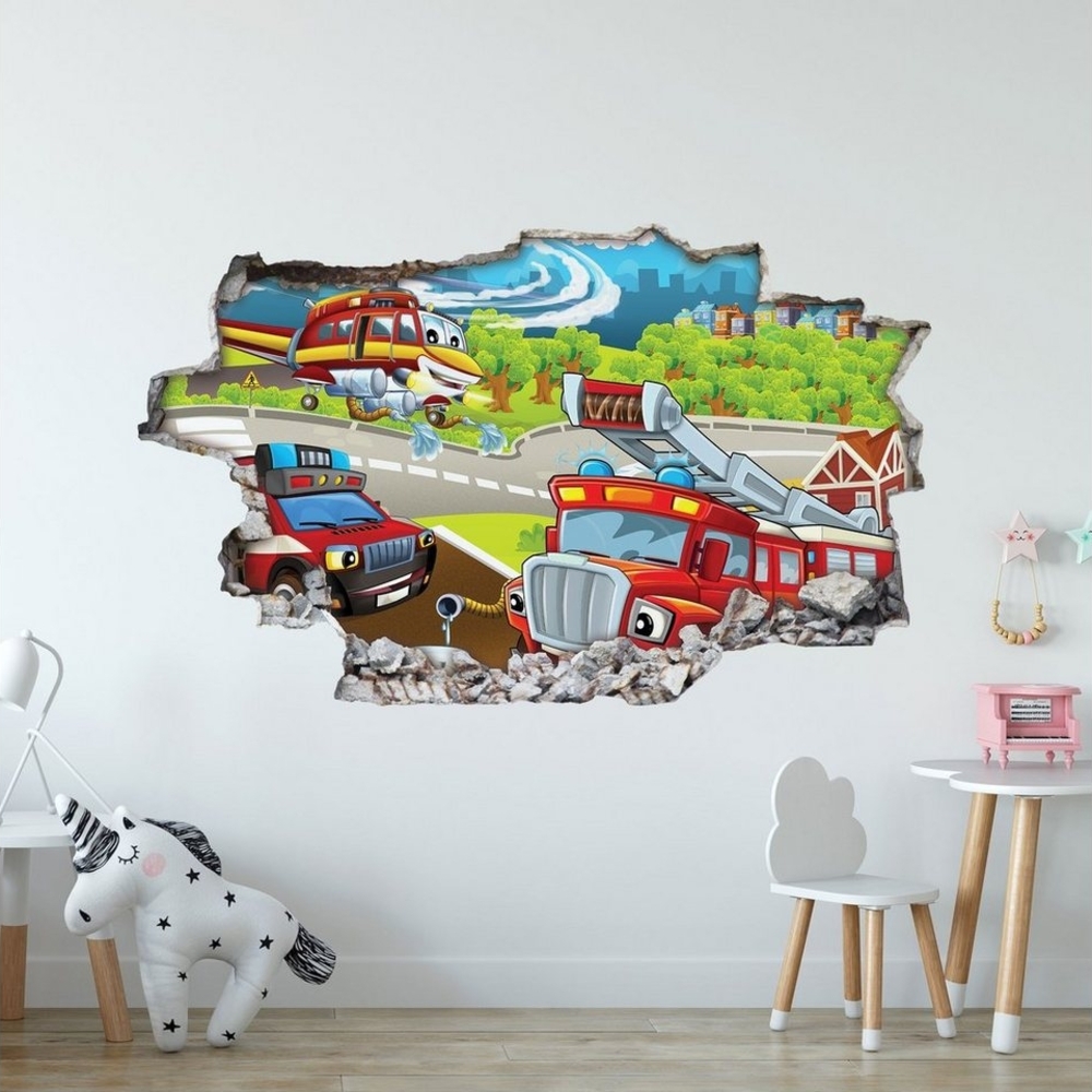 GRAVURZEILE Wandtattoo im Feuerwehr Design - Kinderzimmer -Wandsticker Wandaufkleber - (3D Wanddurchbruch & Deko, - Größe 115 x 70 cm), - V1 Bild 1