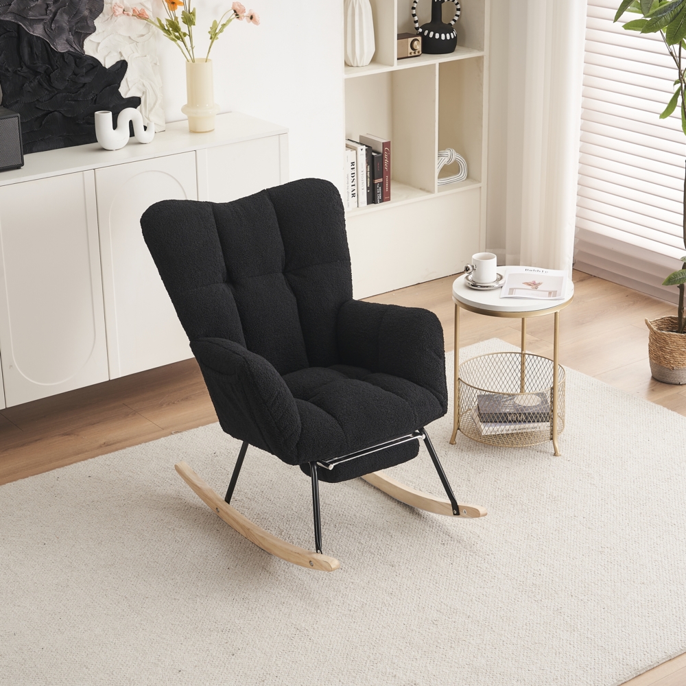 Teddy-Schaukelstuhl mit Holz- & Metallrahmen, ergonomisch gepolstert,Schwarz, leises Design für Wohnzimmer, Schlafzimmer & Büro Bild 1