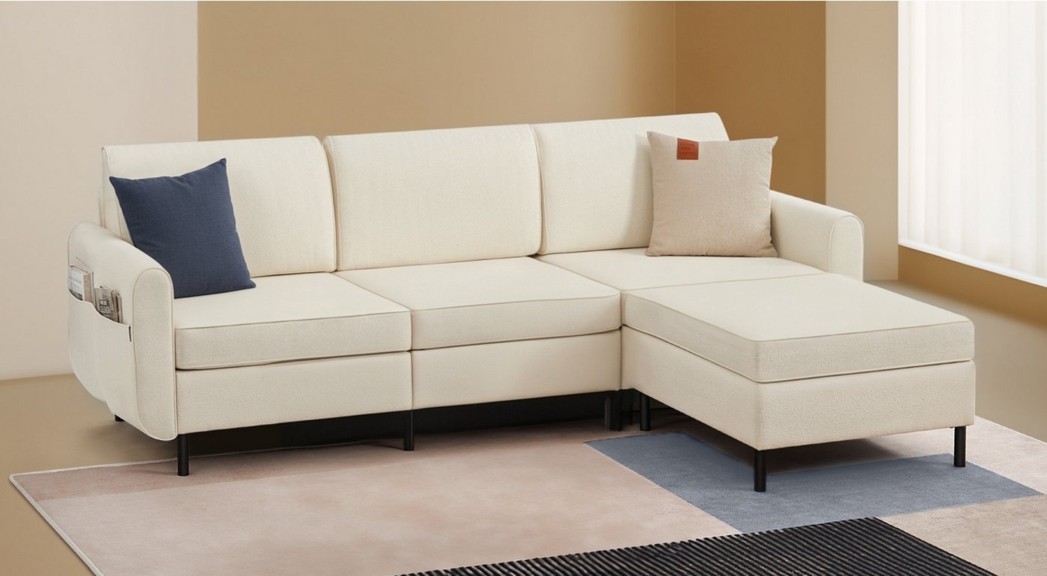 VASAGLE Ecksofa, 4-Sitzer, L-förmiger Couch mit Armlehnen, Stoff cremeweiß, 150 x 237 x 85,6 cm Bild 1