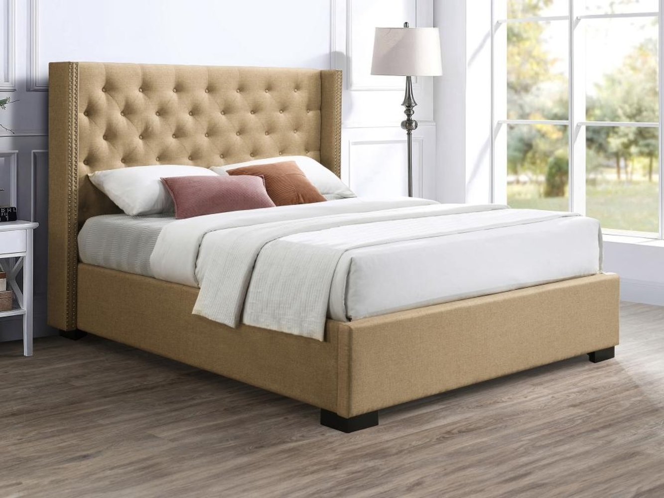 Vente-unique - Bett mit Bettkasten mit gestepptem Kopfteil + Matratze - 180 x 200 cm - Stoff - Beige - MASSIMO Bild 1