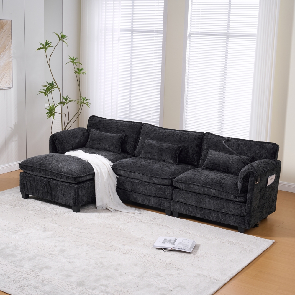 Moderner 2-Sitzer aus Chenille, Komfortfüllung aus Schaumstoff & Memory Foam, mit USB-Anschluss, Seitentasche, Handyhalter und modularen Hockern, ideal für Wohnzimmer und Homeoffice, Schwarz Bild 1