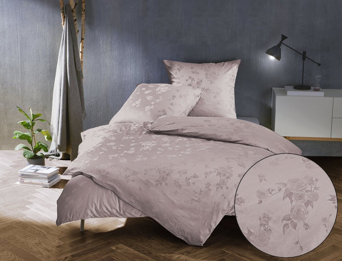 Bettwaesche-mit-Stil Mako Satin Jacquard Damast Bettwäsche Zoé Rose – puder – Garnitur 200x200 + 2x 80x80 cm Bild 1