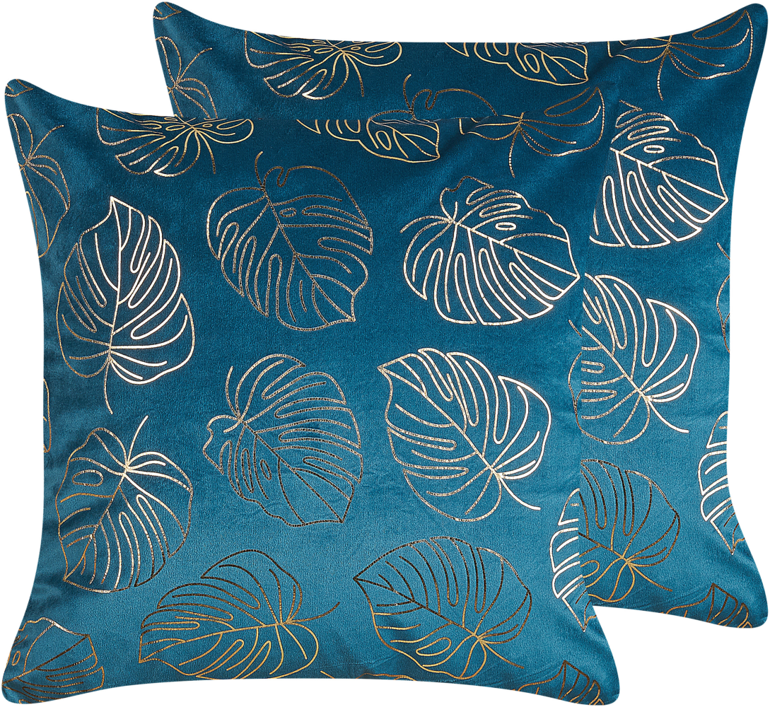 Kissen 2er Set MONSTERA Samtstoff 45 x 45 cm Pflanzenmuster Blau Bild 1