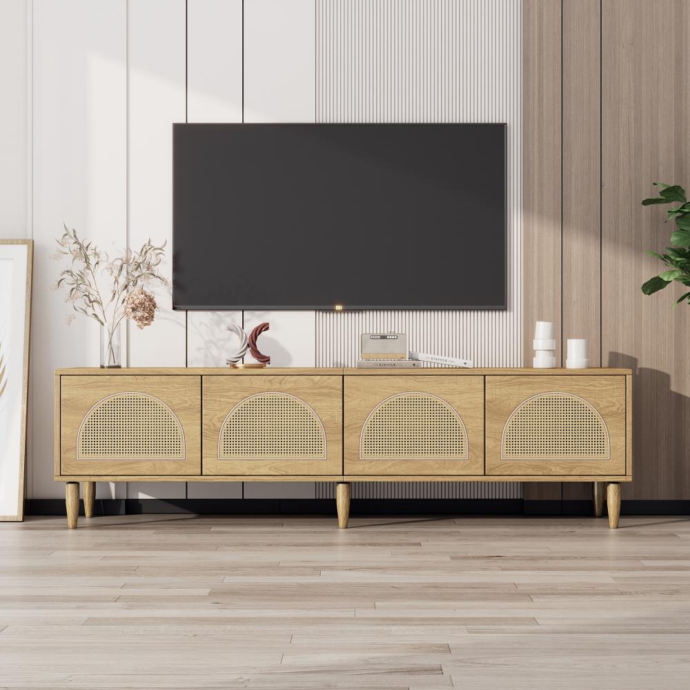 Merax Rustikaler TV-Schrank 180x40x51 cm - Mit 4 Rattantüren, Höhenverstellbaren Füßen und 4 Kabelmanagement-Löchern, Für bis zu 80 Zoll Fernseher, TV-Schränke, Lowboards, Eiche Bild 1