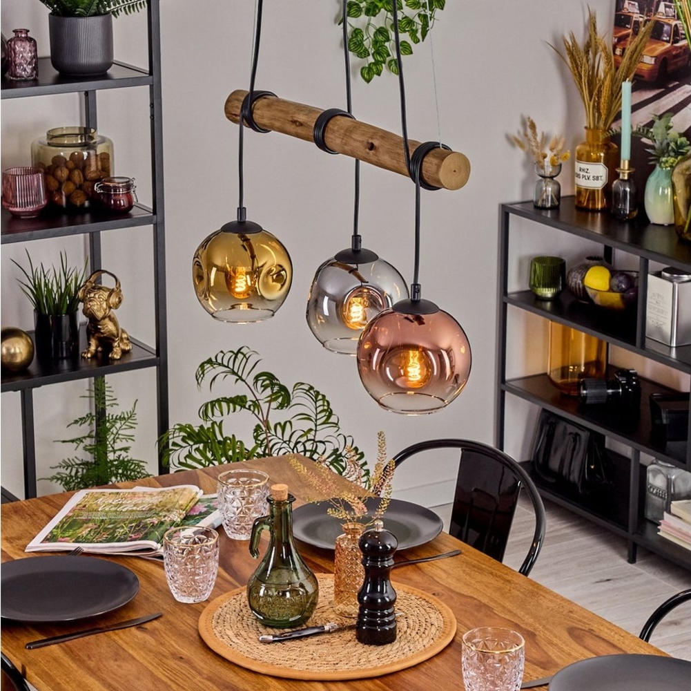 hofstein Pendelleuchte Hängelampe aus Metall/Holz/Glas in Natur/Chrom/Rauch/Kupfer/Gold/Klar, Hängeleuchte im Retro/Boho Design mit Glasschirmen und Holzbalken, E27 Bild 1