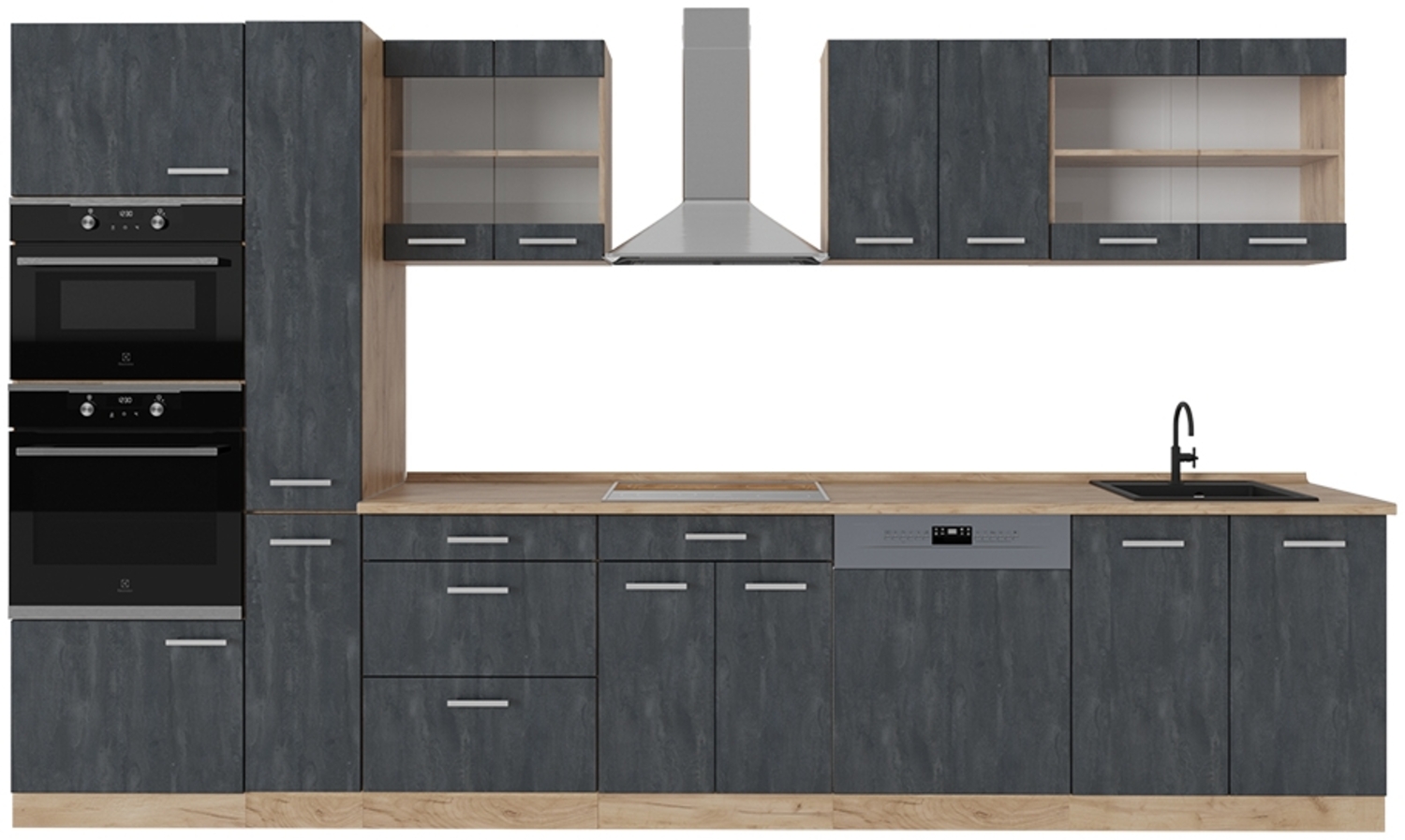 Küchenzeile R-Line Schwarz Beton/Goldkraft Eiche 350 cm , AP Eiche Vicco Bild 1