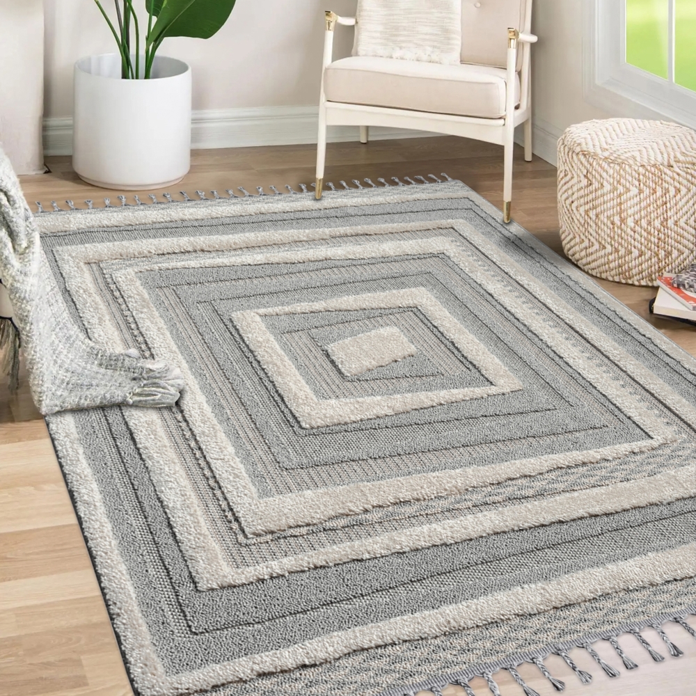 Teppich Wohnzimmer - Mäander - 160x230 cm - Creme Grau - Fransen Deko Boho Flauschig - Cut & Loop Sisal - Schlafzimmer Flur Dekoration Läufer Bild 1