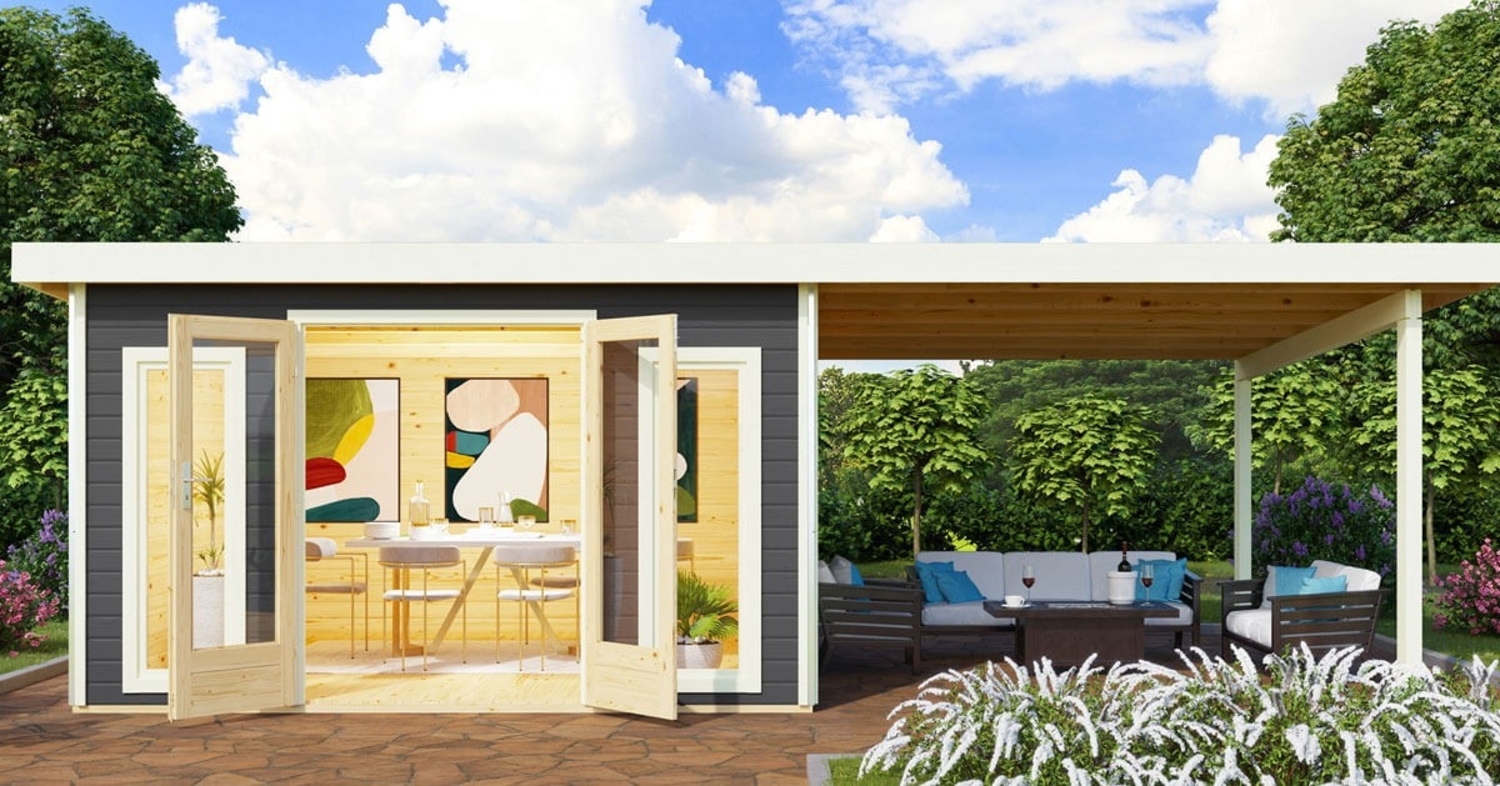 Gartenhaus Radeburg 3 - 369x369 cm plus Anbaudach 3,30m, 40 mm Holz terragrau, Karibu Bild 1