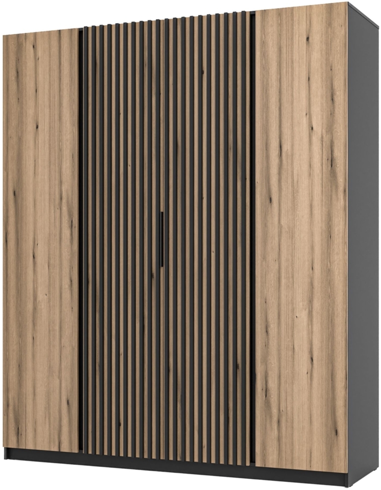 Selsey 'Kaja' Kleiderschrank 4-türig mit Lamellen in der Mitte, Eiche/schwarz, ca. 239 x 200 x 62 cm Bild 1