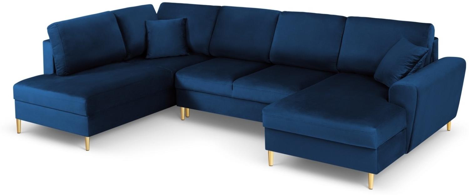 Micadoni 7-Sitzer Samtstoff Panorama Sofa Links mit Box und Schlaffunktion Moghan | Bezug Royal Blue | Beinfarbe Gold Me... Bild 1