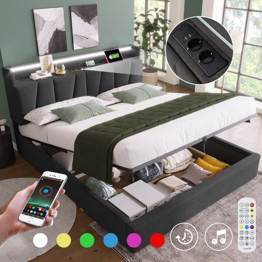 OKWISH Polsterbett Doppelbett (mit aufladen USB Ladefunktion Stauraum-Kopfteil) Bild 1