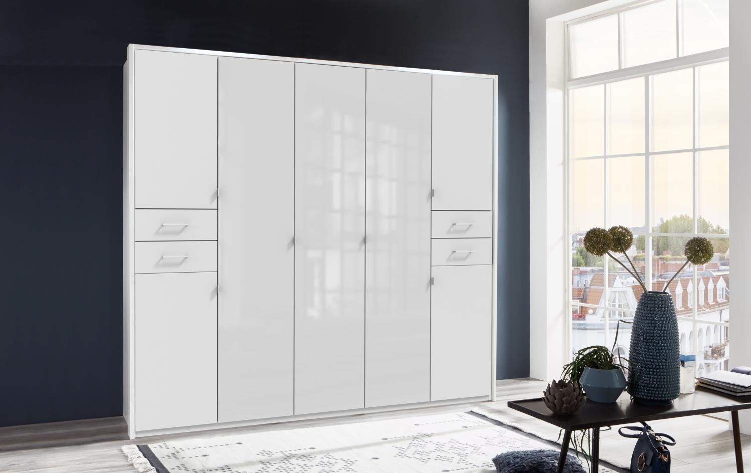 Drehtürenschrank >Danzig< in WEISS + GLAS WEISS - 225x208x58cm (BxHxT) Bild 1