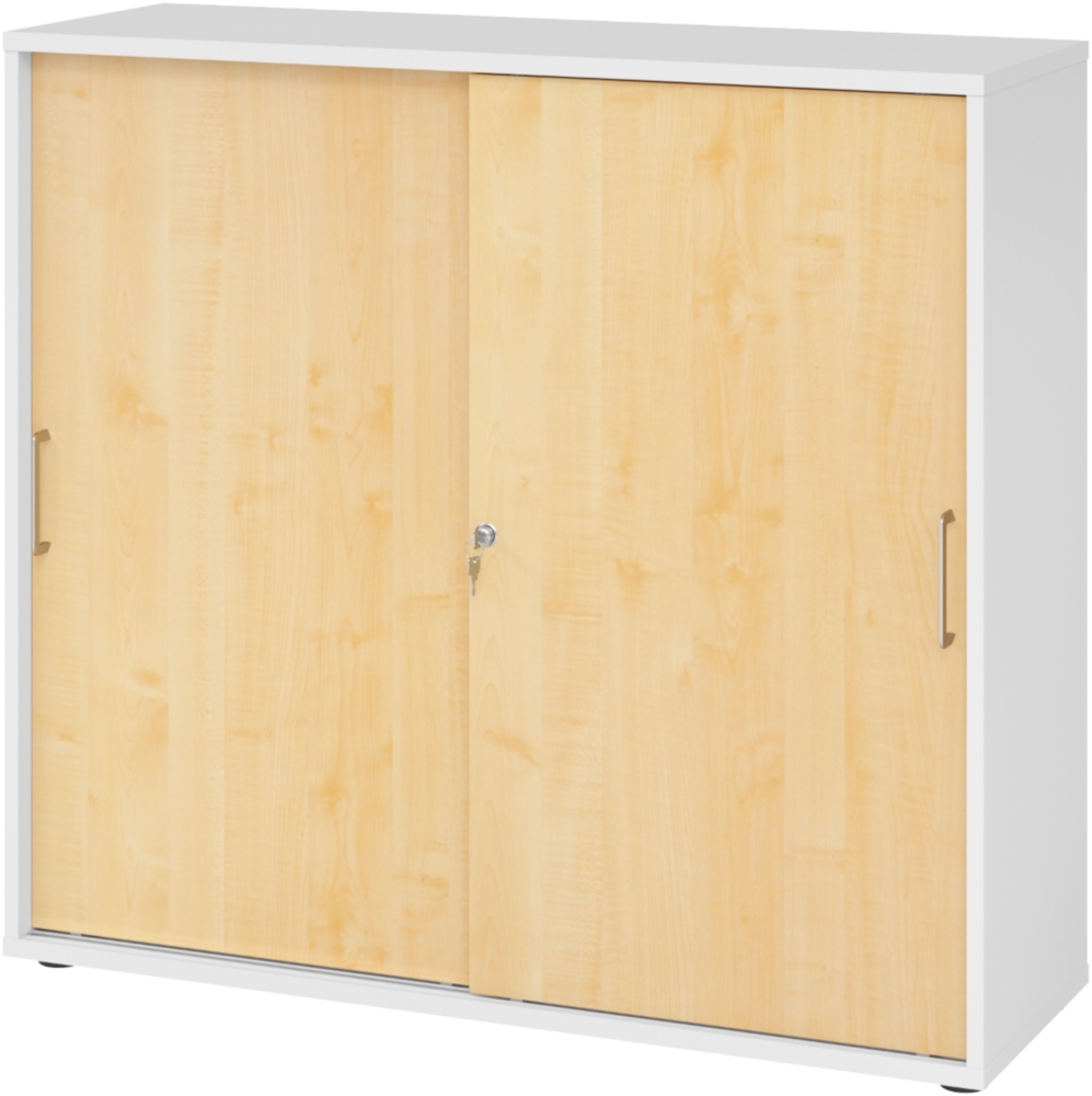 bümö Schiebetürenschrank 3OH - Aktenschrank abschließbar, Sideboard Schrank mit Schiebetüren in Weiß/Ahorn, Bügelgriff - Büroschrank aus Holz mit Schiebetür, Büro Kommode für Ordner & Co, 1753S-W-3-BS Bild 1