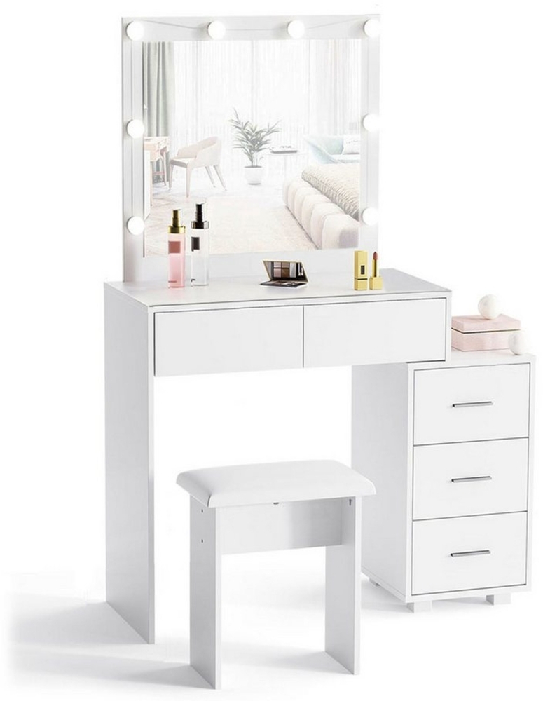 oyajia Schminktisch Kosmetiktisch mit Spiegel, 5 Schubladen, Kosmetikspiegel und Hocker, 135cm Frisierkommode mit LED Beleuchtung,Schlafzimmermöbel Vanity Set Bild 1