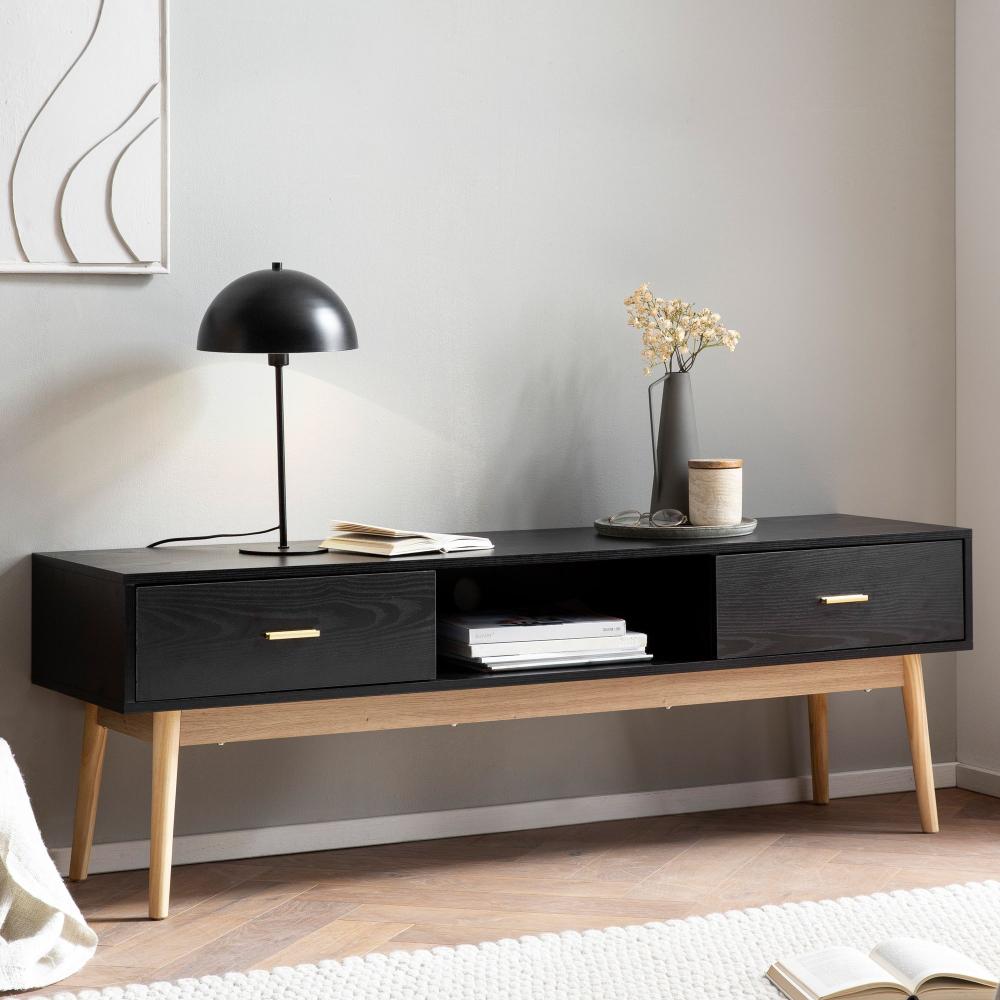 FineBuy Lowboard Schwarz mit Eiche-Dekor 150x50x40 cm TV-Kommode Modern, Design TV-Schrank Hoch, Fernsehtisch Fernsehschrank mit Schubladen & Ablagefach, Fernsehkommode Wohnzimmer Schwarz Bild 1