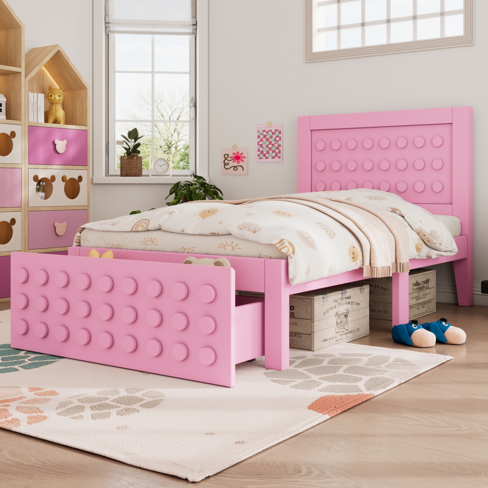 Kinderbett 90x200 cm mit Schublade & Anti-Kollisionsdesign – modernes MDF Massivholzbett mit Stauraum,Rosa Bild 1