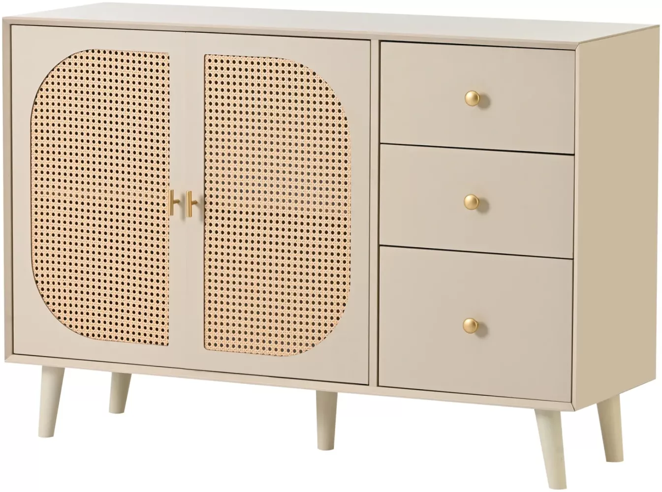 Merax Sideboard aus Holz mit 3 Schubladen und Rattan Geflechte Türen, Kommode mit Holzfüßen, Metall Bügelgriff, B:120cm Bild 1