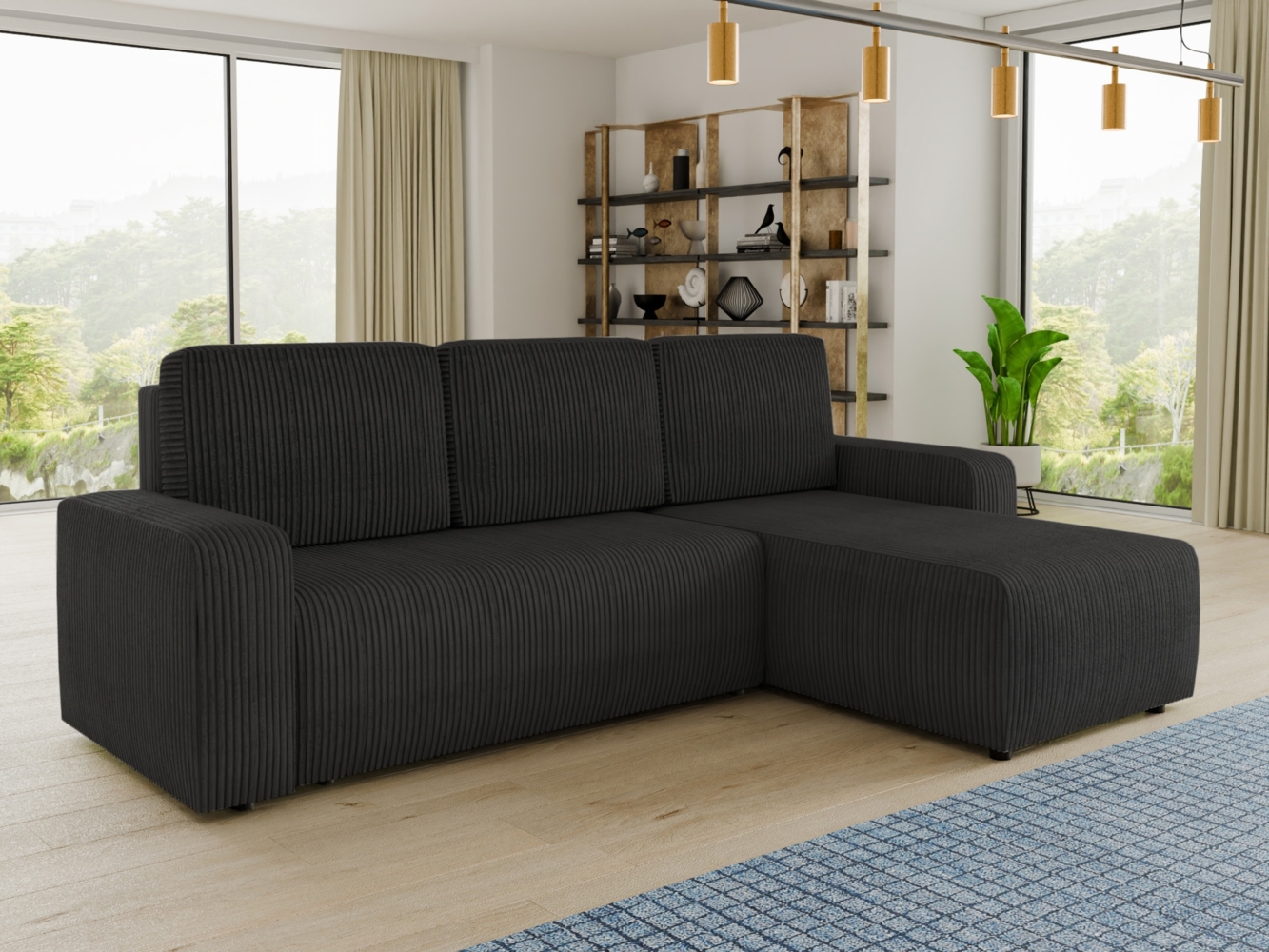 Ecksofa Roma L mit Schlaffunktion und Bettkasten - Cord Stoff - L-Form Couch, Polstersofa, Schlafsofa, Sofagarnitur - Ottomane Universal (Schwarz (Poso 135)) Bild 1