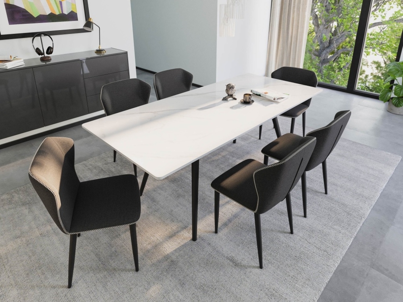 Esstisch Set RIGA 200 weiße Keramikplatte mit 6 Stühlen Stoffbezug schwarz : Weiss Bild 1