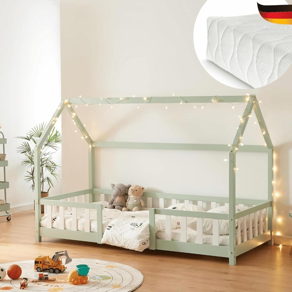 DELUKE® Kinderbett 90x200 cm LULO - Inkl. Matratze Lattenrost Rausfallschutz Einzelbett Hausbett Kinderzimmer Bodenbett Kinder Bett Klein Montessori Bett Mint Bild 1