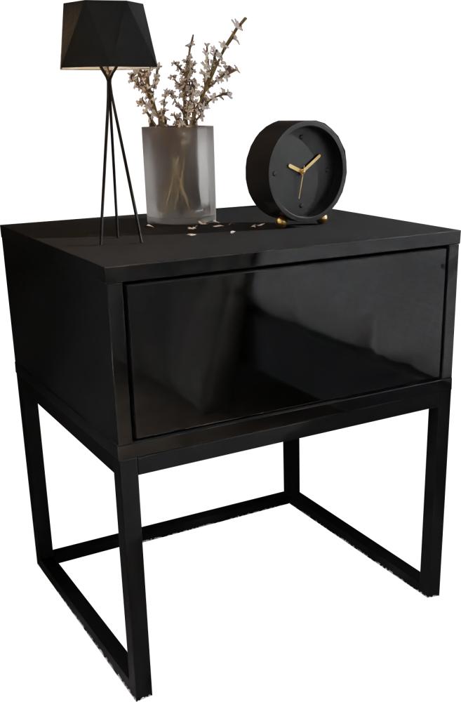 Domando Nachttisch Corvara Modern für Schlafzimmer Breite 45cm, schwarzes Metallgestell, Push-to-open-System in Schwarz Matt und Schwarz Hochglanz Bild 1