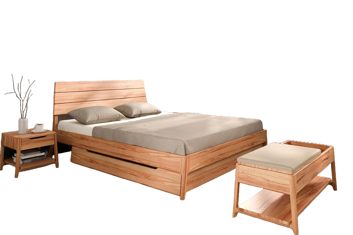 Bett Swig 1 Kernbuche massiv 90x200 mit Holzkopfteil und Holzbeinen Bild 1