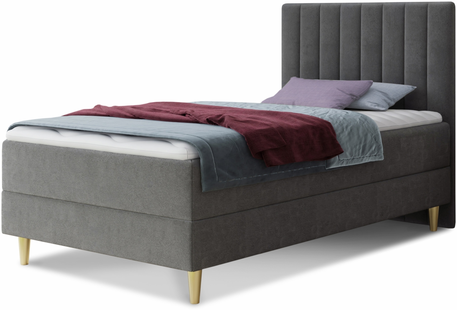 Boxspringbett Gold Mini mit Bettkasten, Bonell-Matratze und Topper - Einzelbett mit Matratzentopper, Polsterbett, Bett, Schlafzimmer, Jugendzimmer, Velours Stoff (Grau (Manila 16), 120 x 200 cm) Bild 1