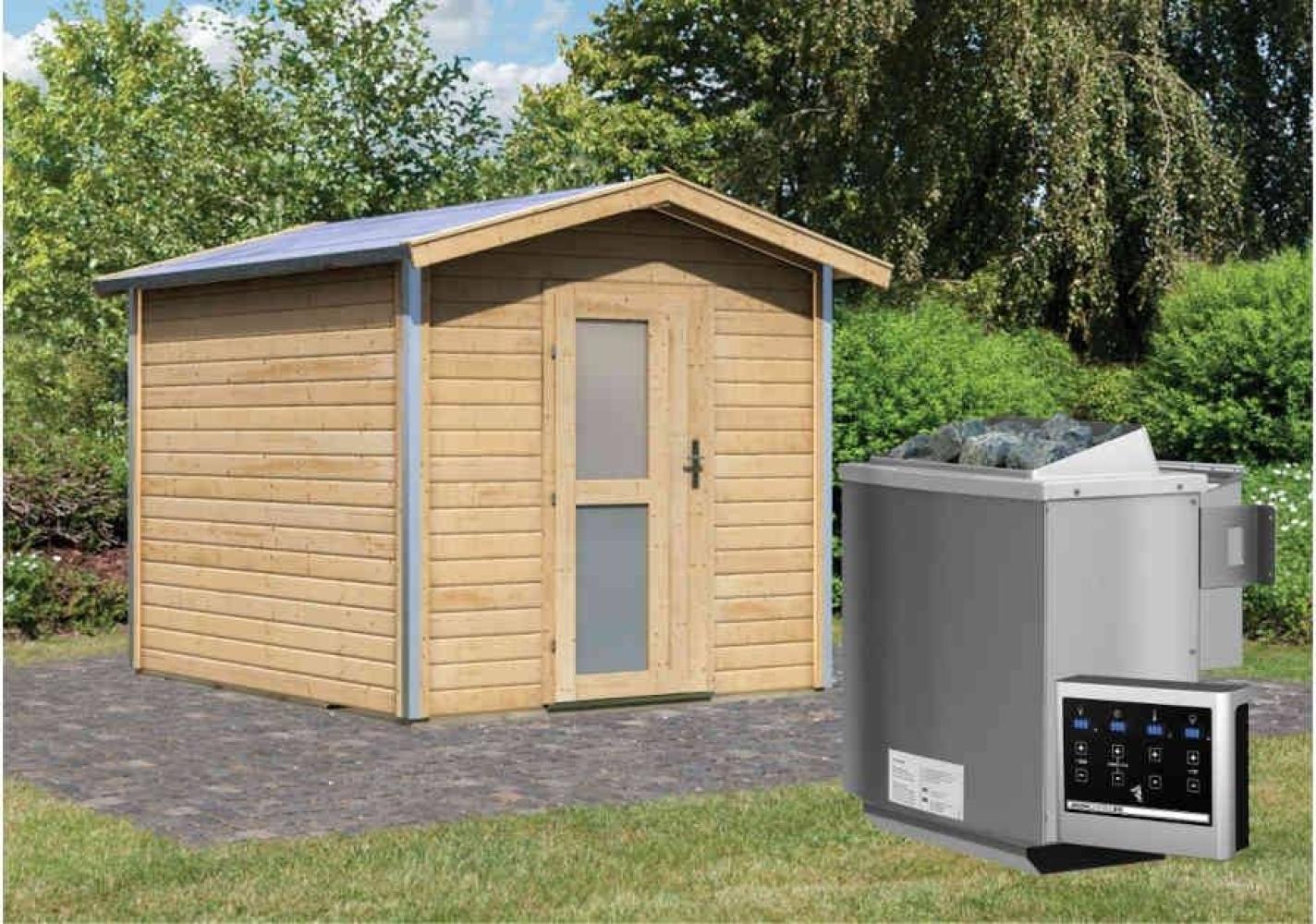 Karibu Sauna Bosse 1 naturbelassen + 9 kW BIO-Kombiofen mit ext. Steuerung Easy Moderne Tür Bild 1