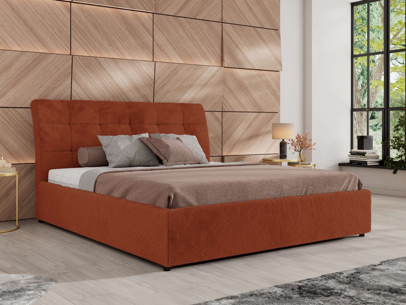 Polsterbett mit Lattenrost Gasfeder Doppelbett GALA CLASSIC gepolstert Kopfteil Bettkasten - 160x200 cm - Orange Plüsch Bild 1