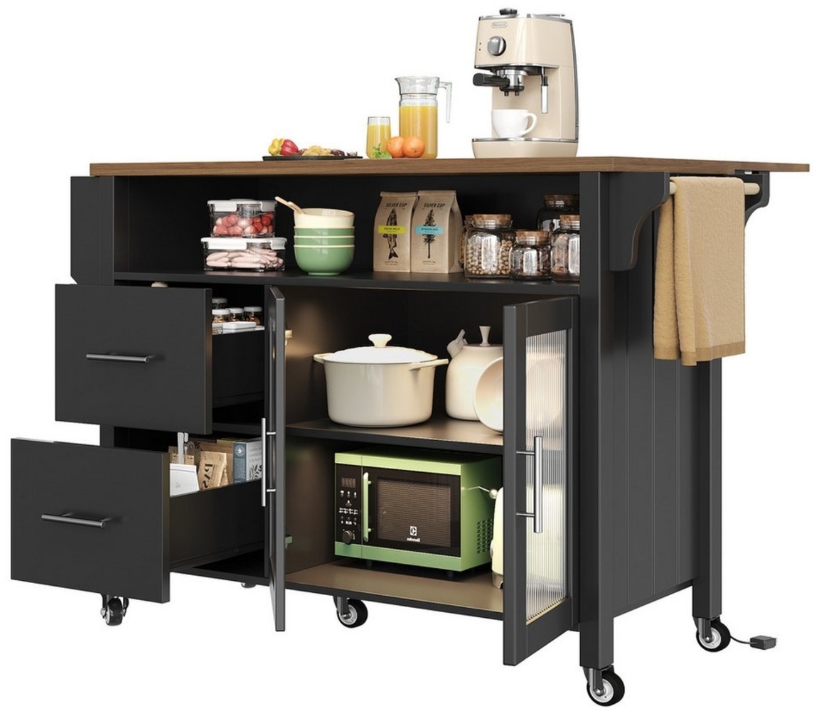 MODFU Küchenwagen Multifunktionale Kücheninsel, (Gesamtmaße (aufgeklappt): 139 x 40 x 94 cm (L x B x H) Gesamtmaße (zusammengeklappt): 139 x 65 x 94 cm (L x B x H), mit herausnehmbaren Trennwänden,mit Glasvitrine in Holzmaserung Bild 1
