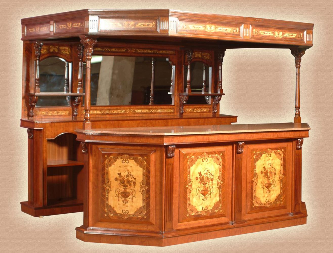 Casa Padrino Luxus Massivholz Bar mit Dach und Tresen mit Marmorplatte Braun Intarsien 266,7 x 188 x H. 213,7 cm - Handgefertigte Bar im traditionellem englischen Stil - Bar Möbel - Gastronomie Möbel Bild 1