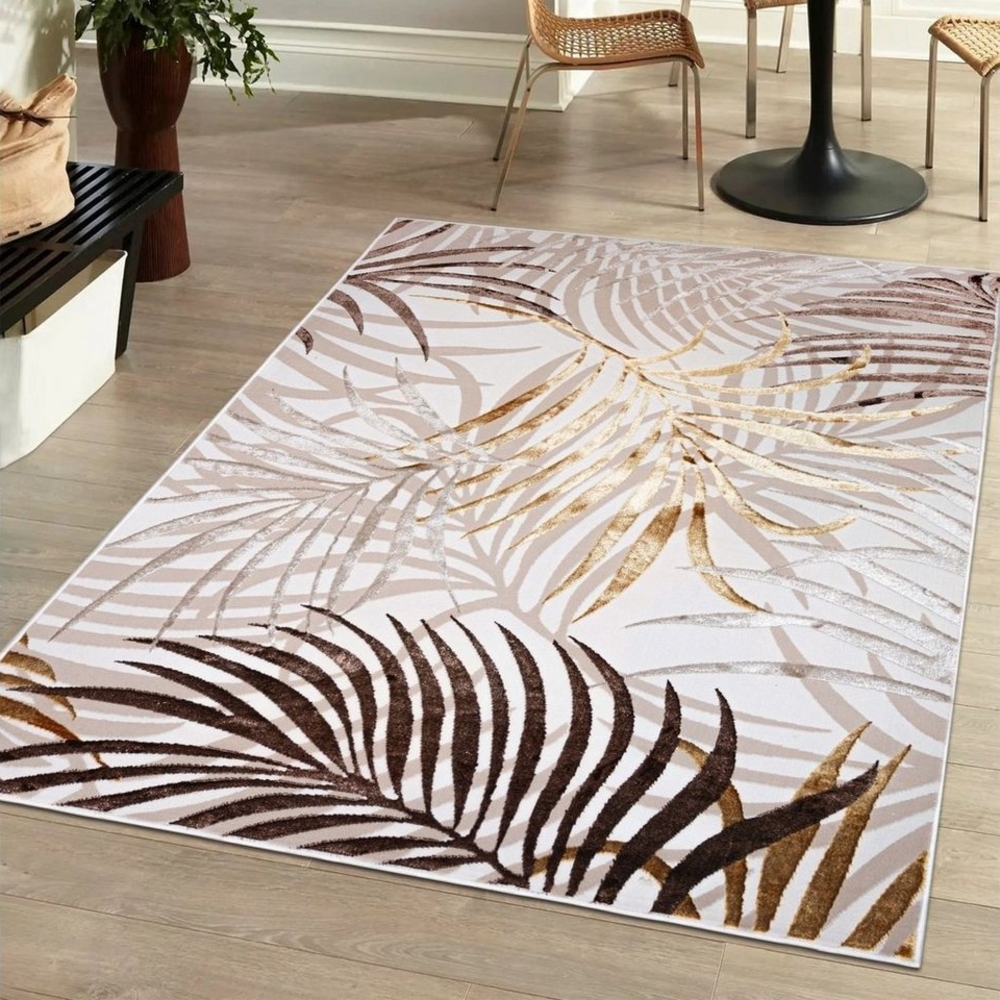 Mazovia Designteppich Modern Teppich für Wohnzimmer- Beige Creme mit Gold, 80 x 150 cm, Glänzende,Palmenzweige Feder,Modern,Höhe 10 mm,Weich,Pflegeleicht Bild 1