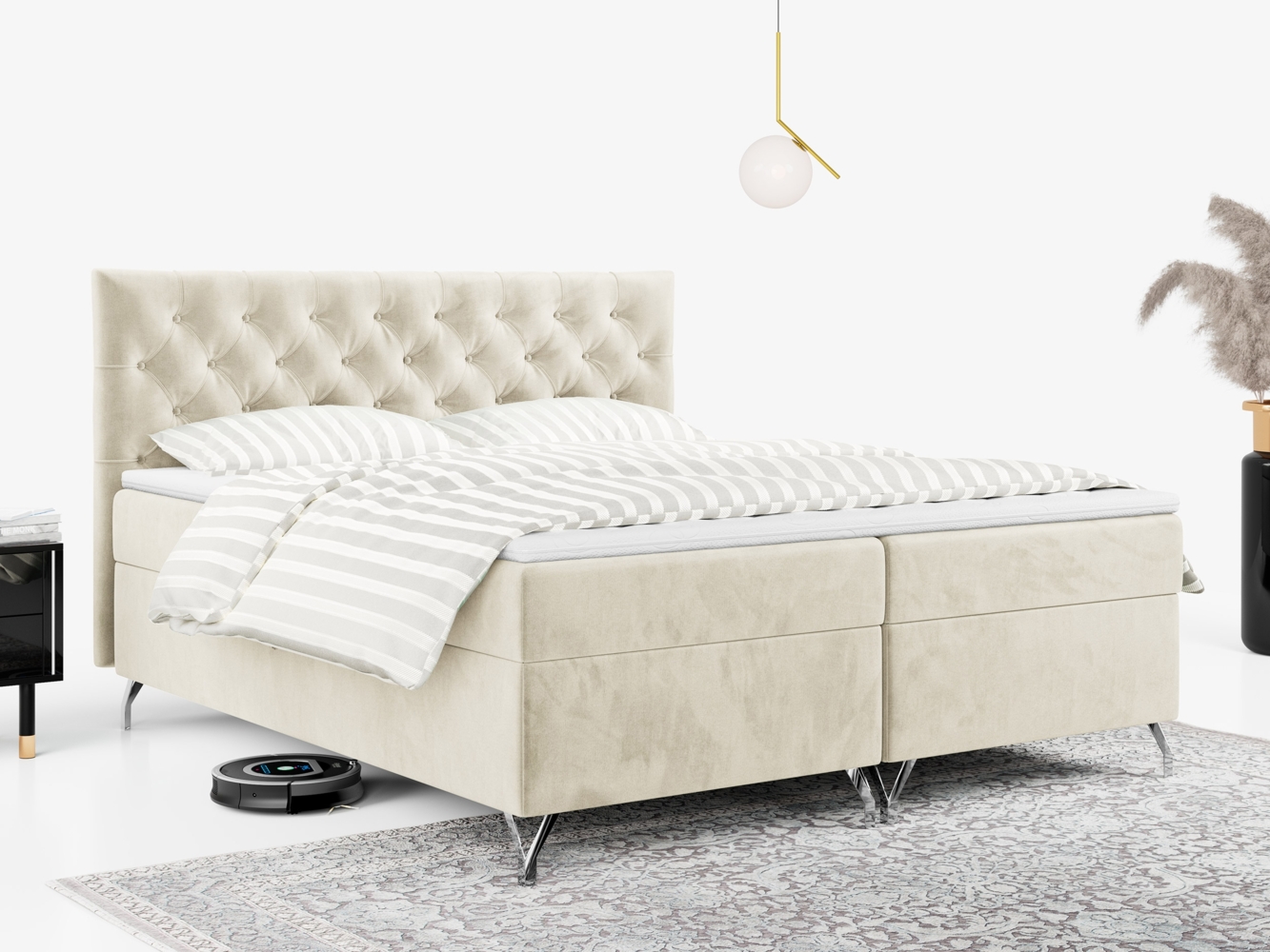 Boxspringbett mit Kopfteil und Topper, Polsterbett - GRIMALDI - 180 x 200 cm - Beige Velvet - H4 Bild 1