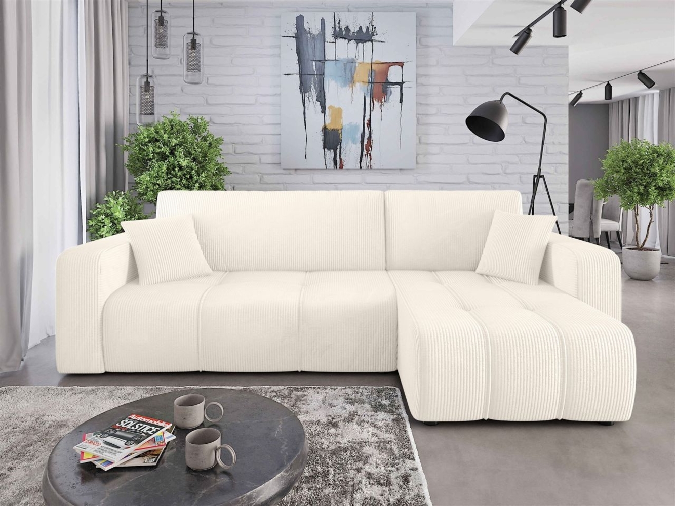 Ecksofa mit Schlaffunktion Sofa DAGNY in Stoff Poso Creme Ottomane Rechts Bild 1