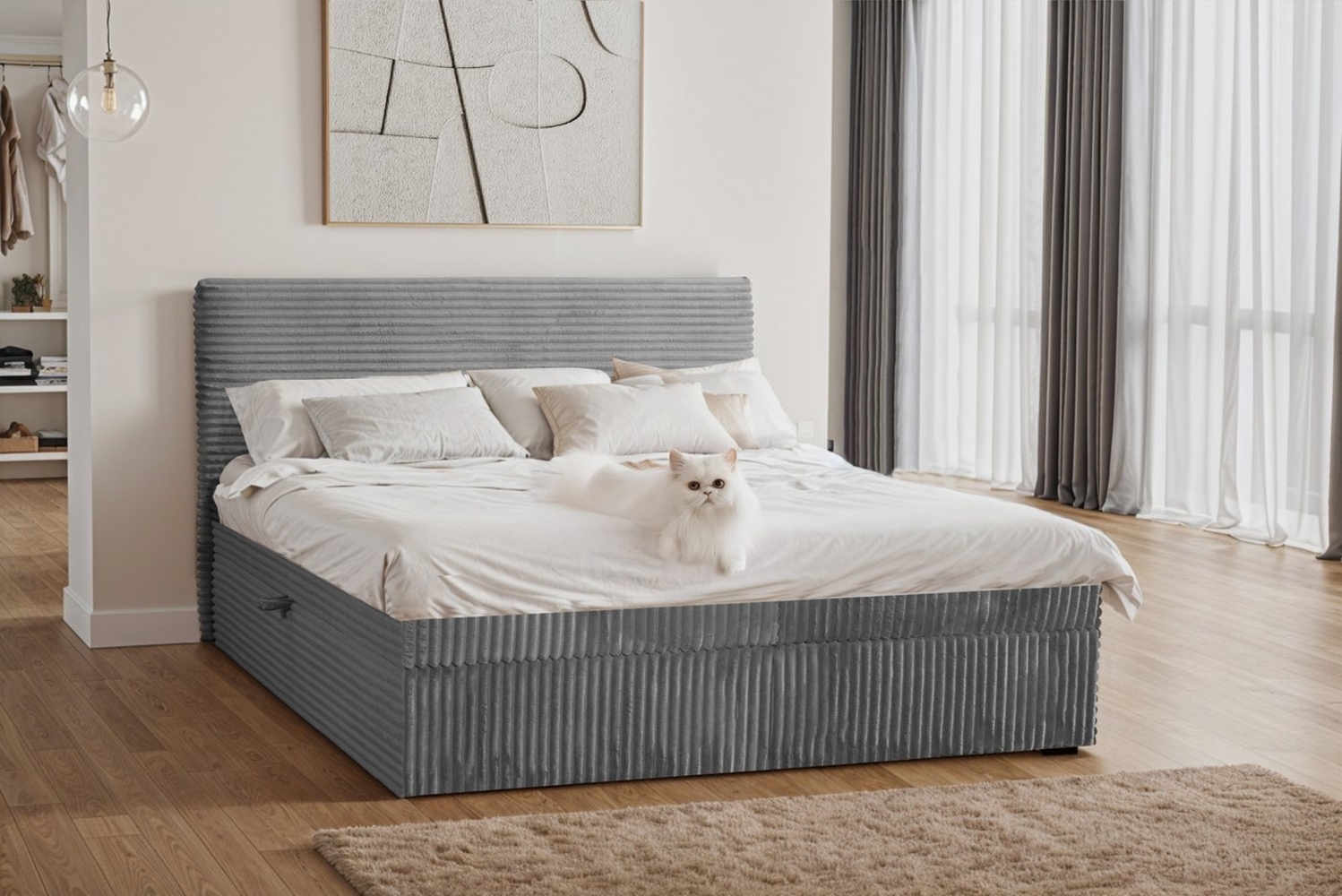 Kaiser Möbel Boxspringbett mit bettkasten und topper TRENTO, ohne Bein stoff Plüsch Cord, Matratze und Topper, Mehrere Größen, Viele Farben, Bettkasten Bild 1