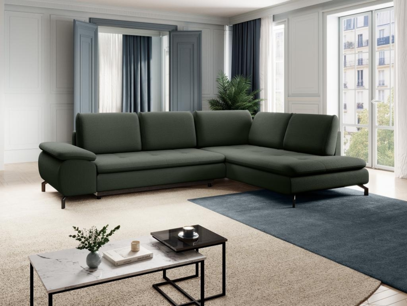 Vente-unique - Großes Ecksofa mit Schlaffunktion - Ecke rechts - Strukturstoff - Grün - ARCHIBALD Bild 1