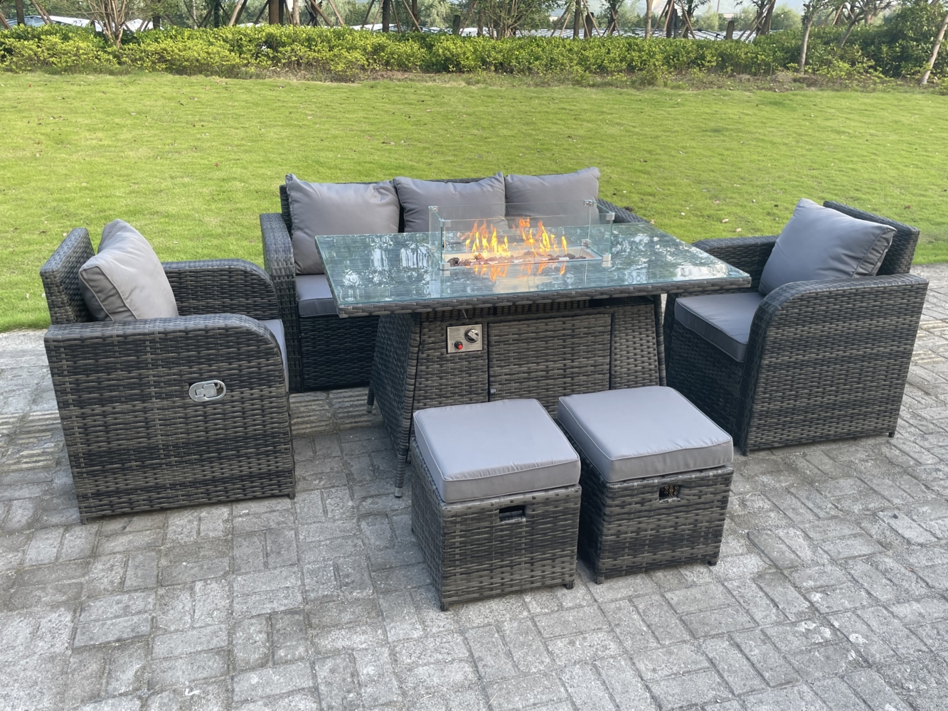 Fimous Dunkelgrau Gemischt Rattan Outdoor Gartenmöbel Gas Feuerstelle Brenner Tisch Sets Lounge Sofa Recling Stühle Fußhocker 7 Sitzer Bild 1