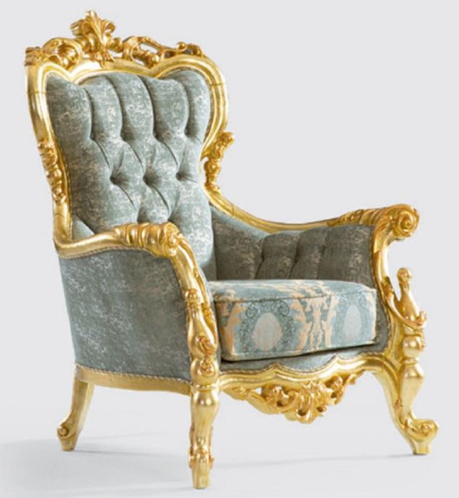 Casa Padrino Luxus Barock Sessel Grün / Gold 100 x 85 x H. 122 cm - Handgefertigter Wohnzimmer Sessel mit elegantem Muster - Barock Wohnzimmer Möbel - Edel & Prunkvoll Bild 1