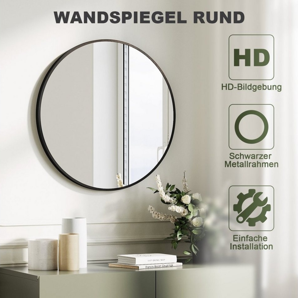 SONNI Wandspiegel Wandspiegel rund Schwarz,wand,groß 40/50/60cm mit Aluminiumrahmen, Schminkspiegel,Badspiegel,Hängespiegel,flurspiegel Bild 1