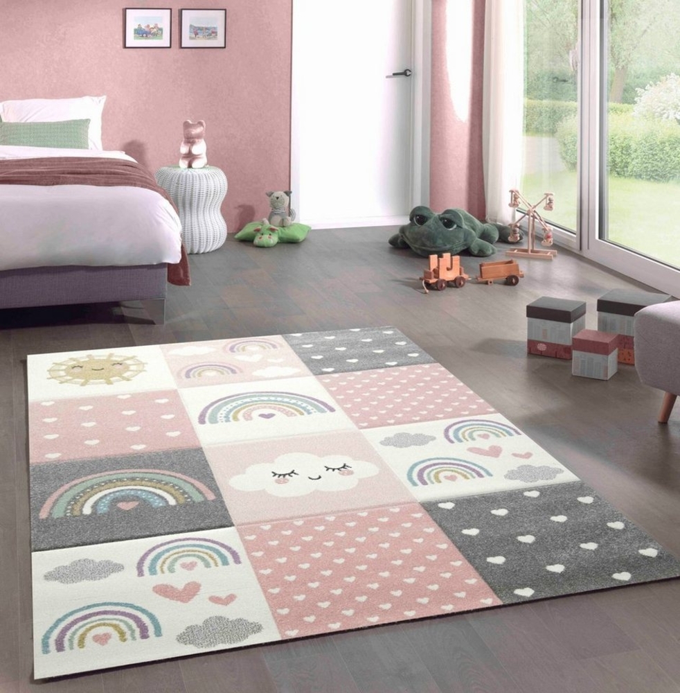 Carpetia Kinderteppich Kinderzimmer Herzchen Wolken Regenbogen rosa creme grau, rund, Höhe: 13 mm Bild 1