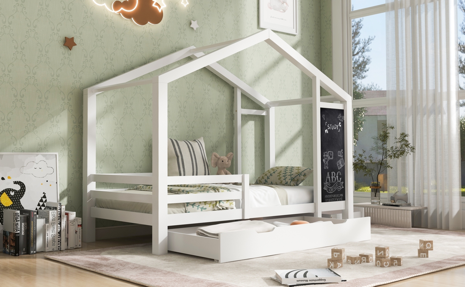 Bett 90x200 cm Hausbett mit Tafel und 2 Schubladen aus Kiefernholz, Weiß Bild 1