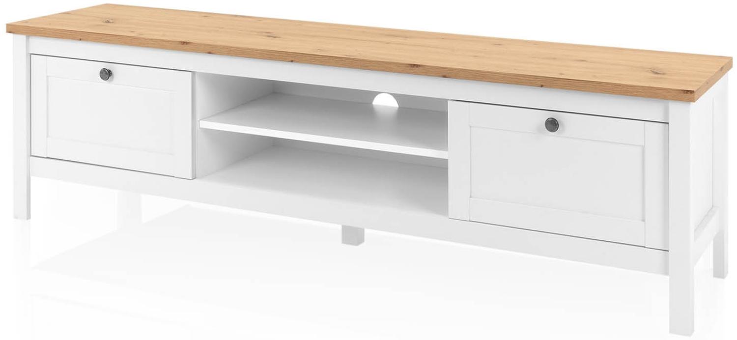 KHG TV-Bank 2 Schubladen Landhaus TV-Lowboard mit 2 offenen Fächern aus Holzwerkstoff weiß foliert, Deckplatte Holzoptik Asteiche foliert, silberne Metall-Griffe, 160 x 45 x 40 cm (B/H/T) Bild 1