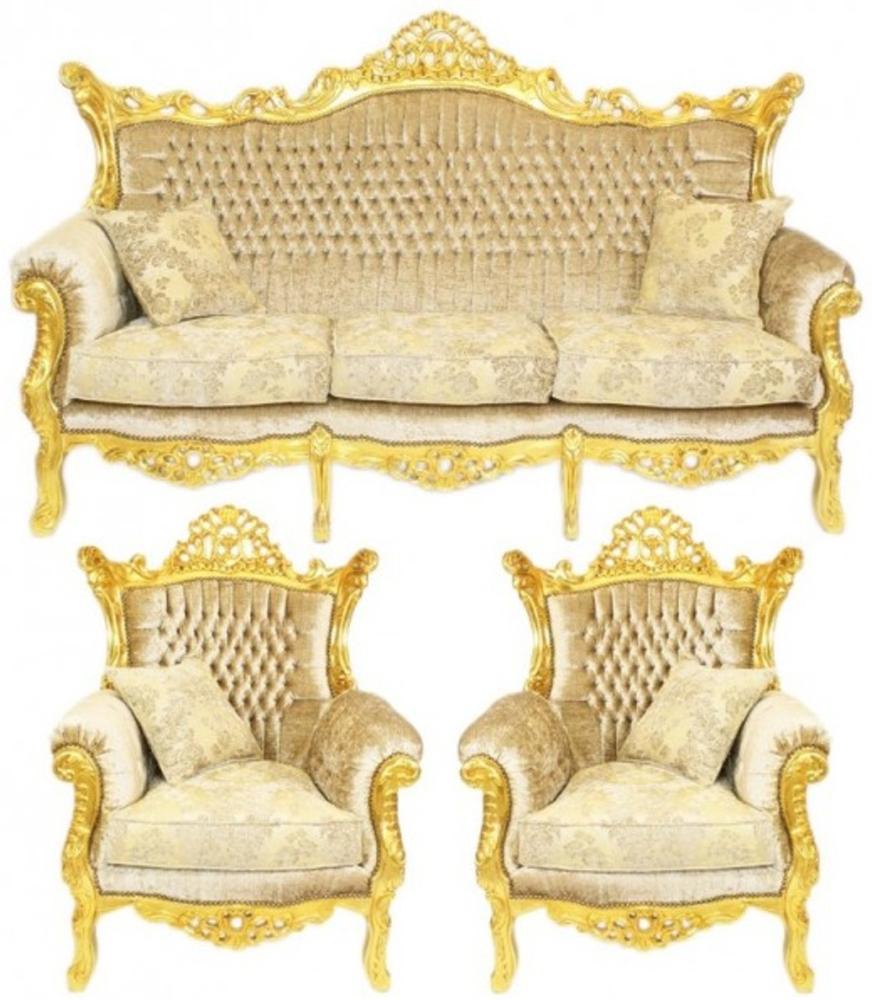 Casa Padrino Barock Wohnzimmer Set Master Creme Samtstoff / Gold - 3er Sofa + 2 Sessel - Limited Edition! Bild 1