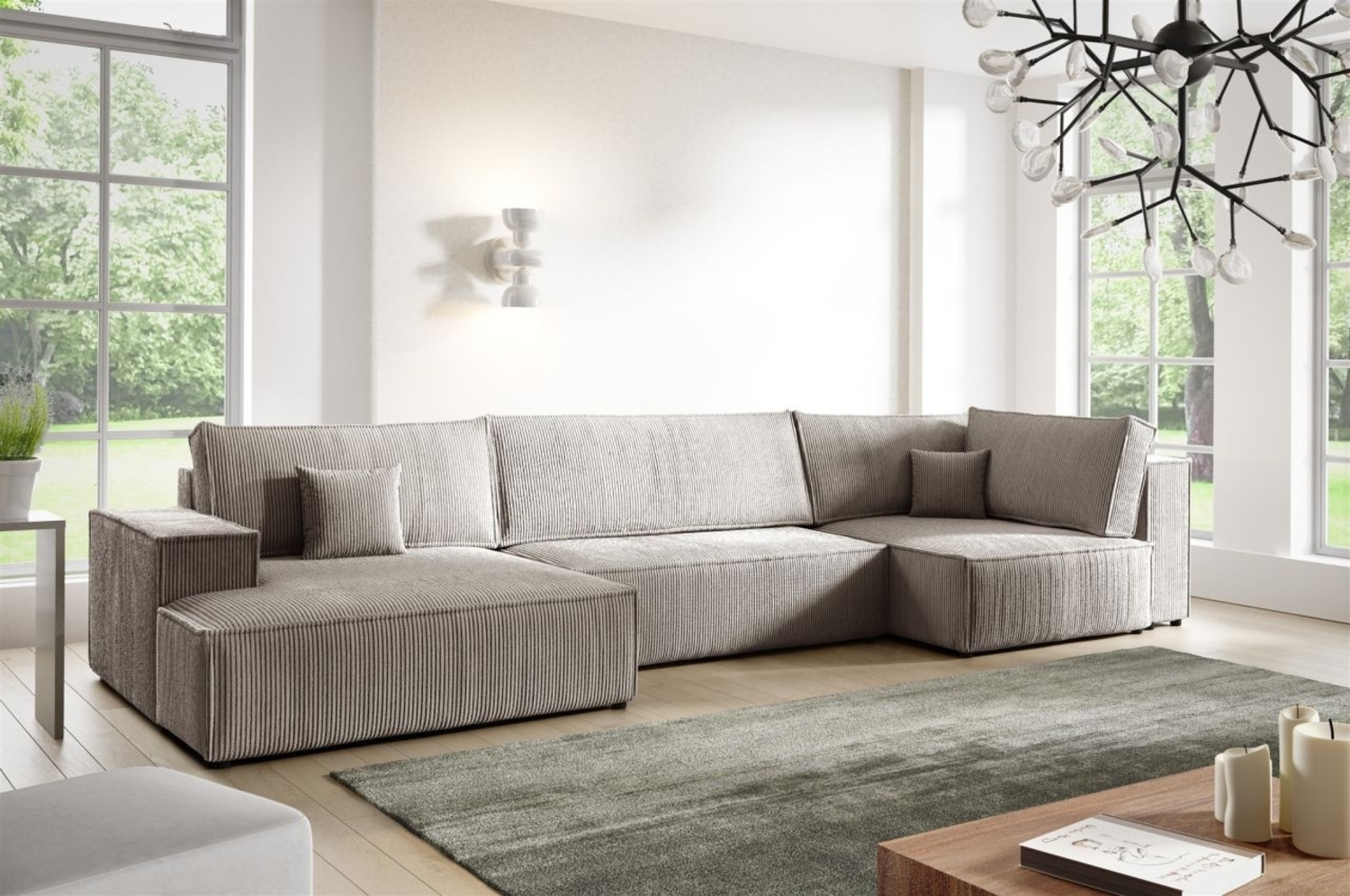 Wohnlandschaft Schlafsofa CORUNIA Stoff Poso Hellbraun Ottomane Links Bild 1