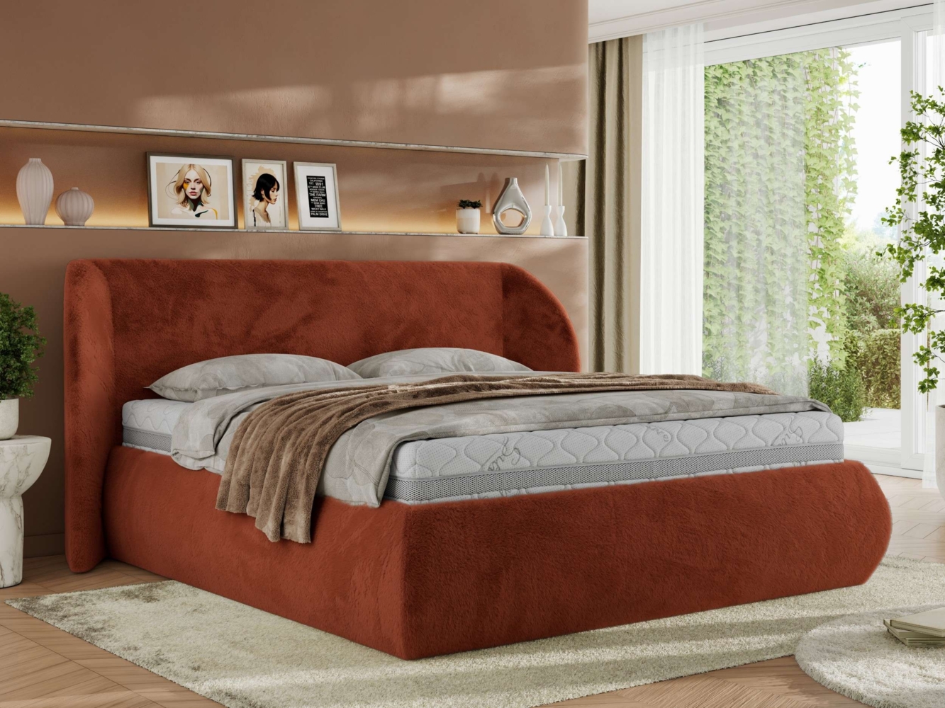 Polsterbett mit Lattenrost, Doppelbett Bettkasten, Bettgestell mit Gasdruckfeder Pocket Matratze - CAELA CLASSIC - 160 x 200 cm - Orange Plüsch - VIRE LUX Bild 1