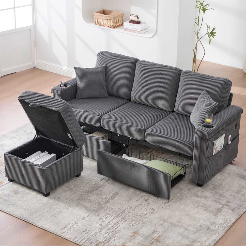 LVHOM Modulares Ecksofa mit LED und USB, 3-Sitzer Sofa mit Sitzhocker und Schubladen, Polstersofa Cordstoff Bild 1