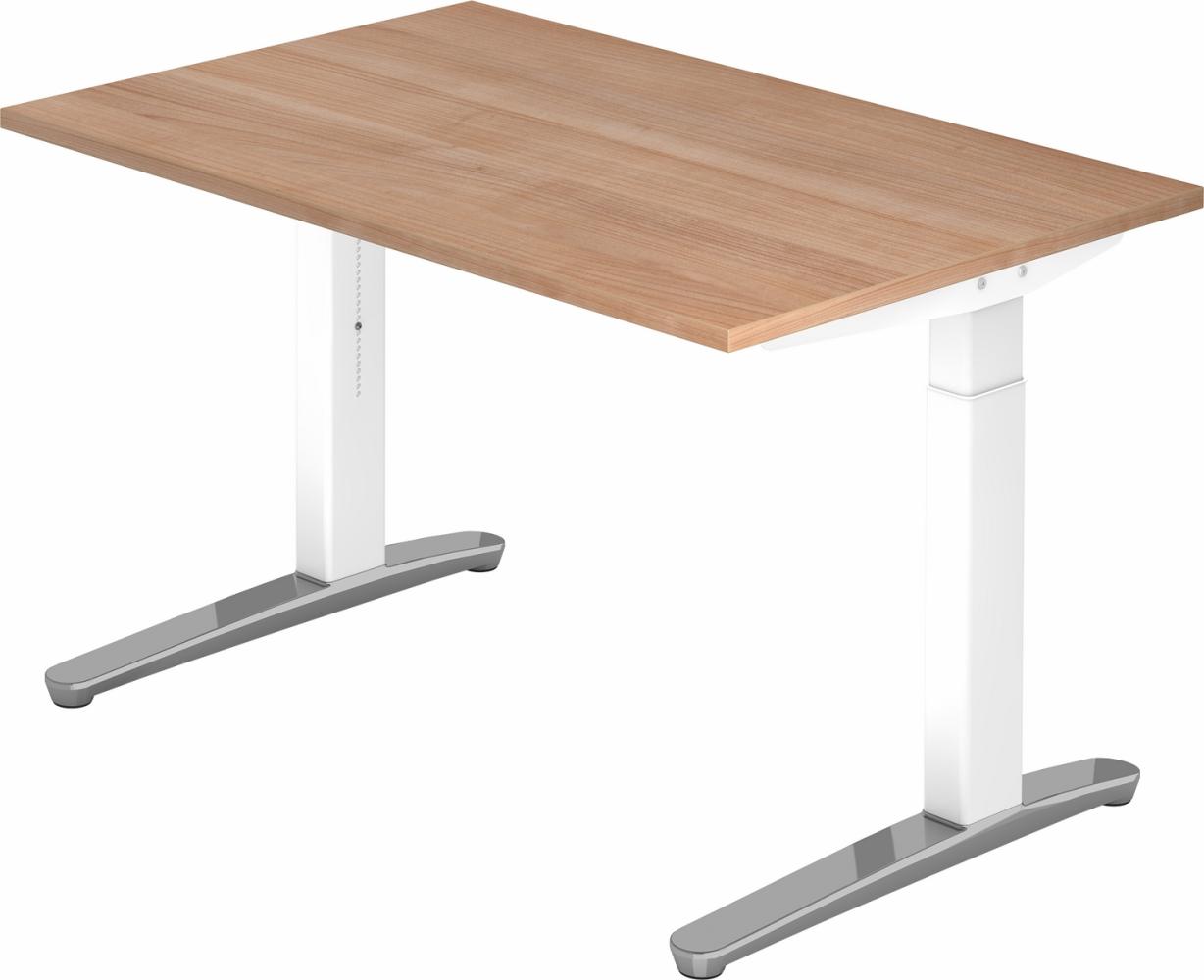 bümö® Design Schreibtisch XB-Serie höhenverstellbar, Tischplatte 120 x 80 cm in Nussbaum, Gestell in weiß/alu poliert Bild 1