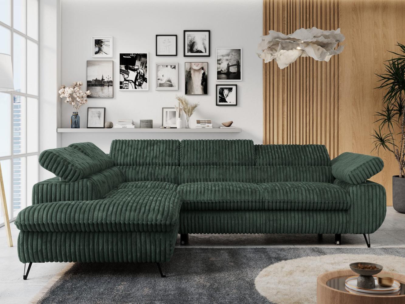 Ecksofa mit Bettfunktion, Modern Sofa, L-form, Einstellbare Kopfstützen, Bettkasten, PETER, 1x Ecksofa, 1x Topper, Grün, Cord, links Bild 1